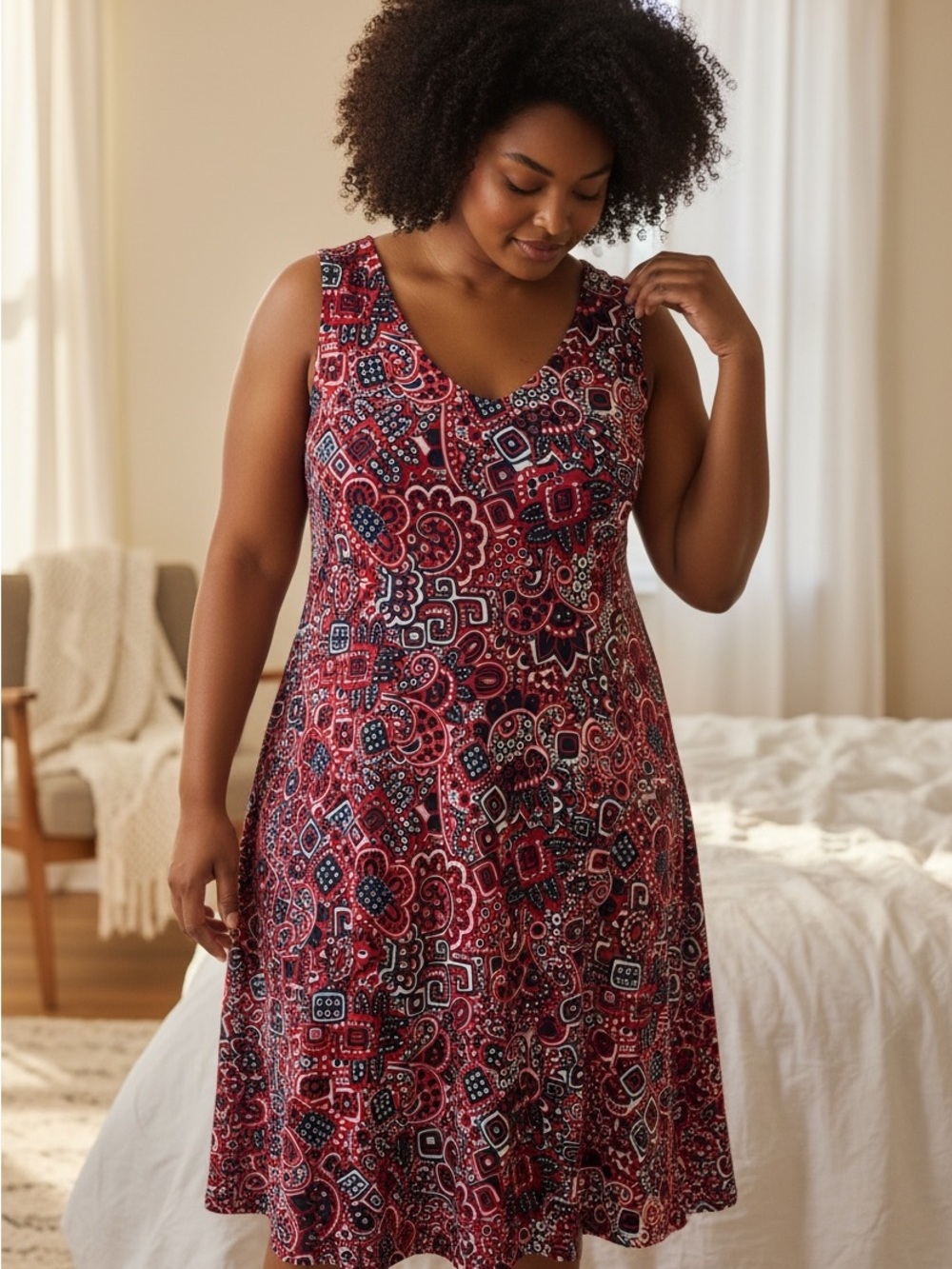 Kim Rogers Curvy‎ Red White Blue Sleeveless Printed Dress 2XL
